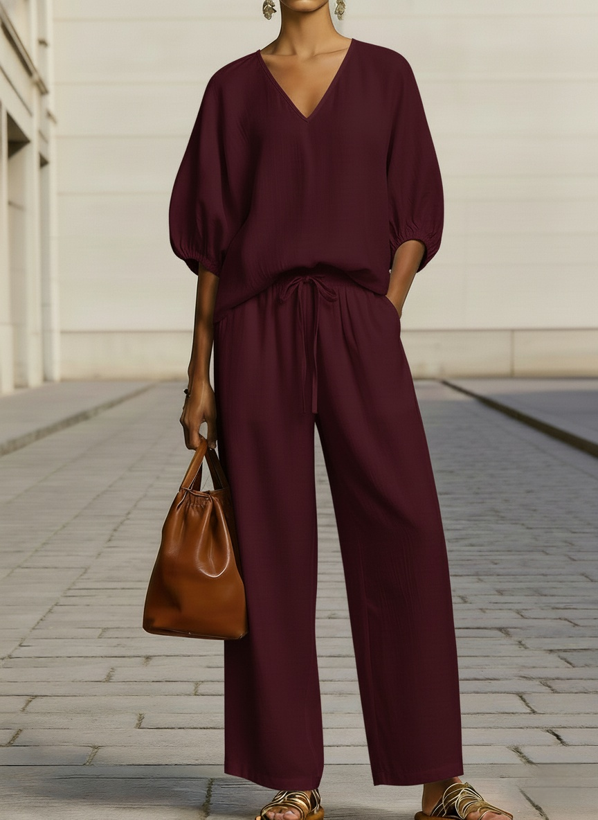 Women's Minimalist Casual Cotton-linen V-neck Set