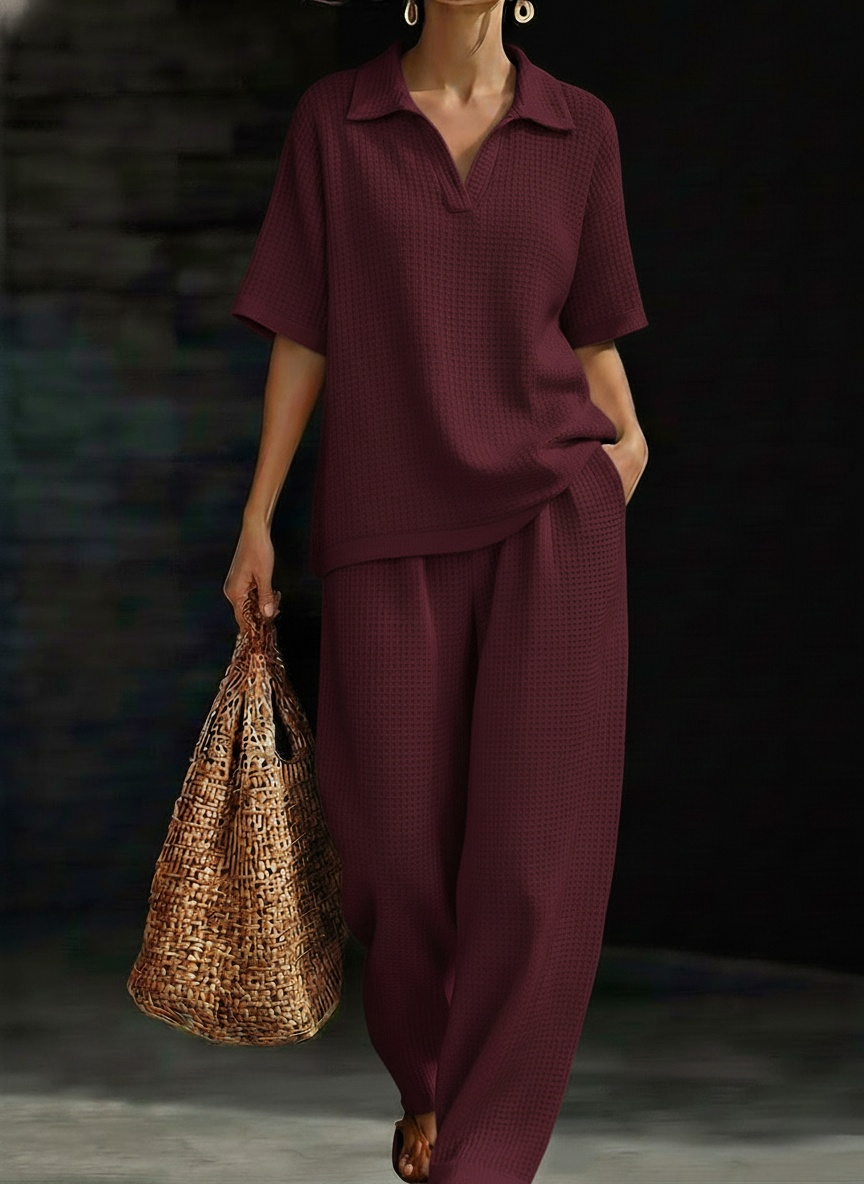 New Arrivals🔥Women's Solid-Color V-Neck Short-Sleeve Casual Waffle-Knit Cotton Top and High-Waisted Wide-Leg Pants Set