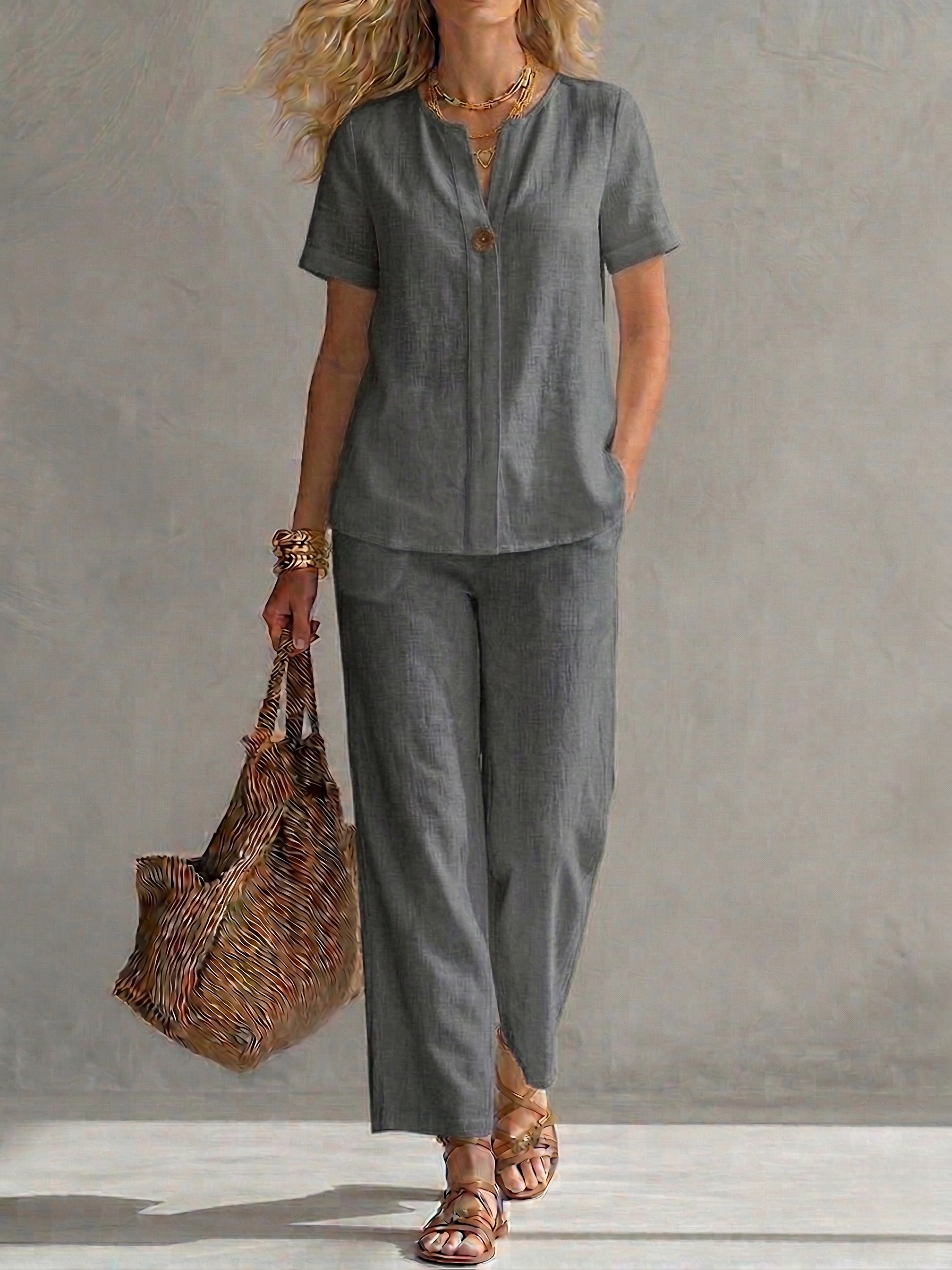 New Arrivals🔥Women's Cotton-Linen Short-Sleeve V-Neck Top and Trousers Set