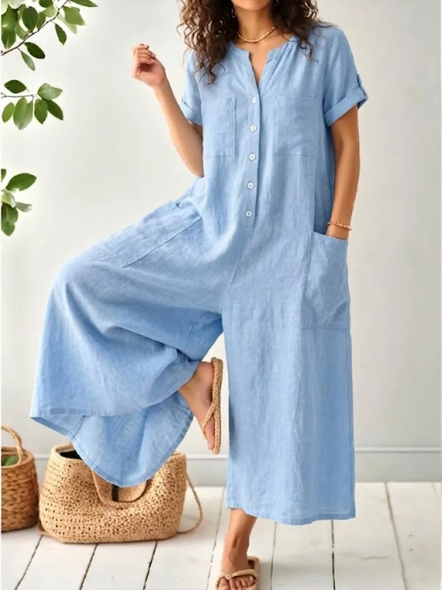Casual Short-sleeve Linen-cotton Wide-leg Jumpsuit