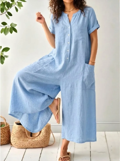 Casual Short-sleeve Linen-cotton Wide-leg Jumpsuit