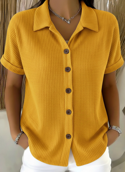Casual Polo-collar Button-up Waffle Shirt