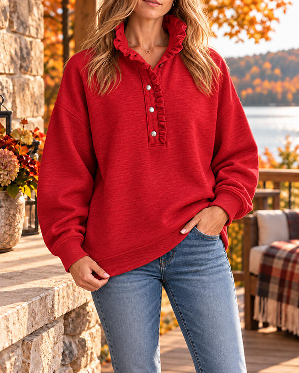 CLEARANCE SALE🔥Women’s Ruffle Collar Henley Button Relaxed Fit Sweatshirt