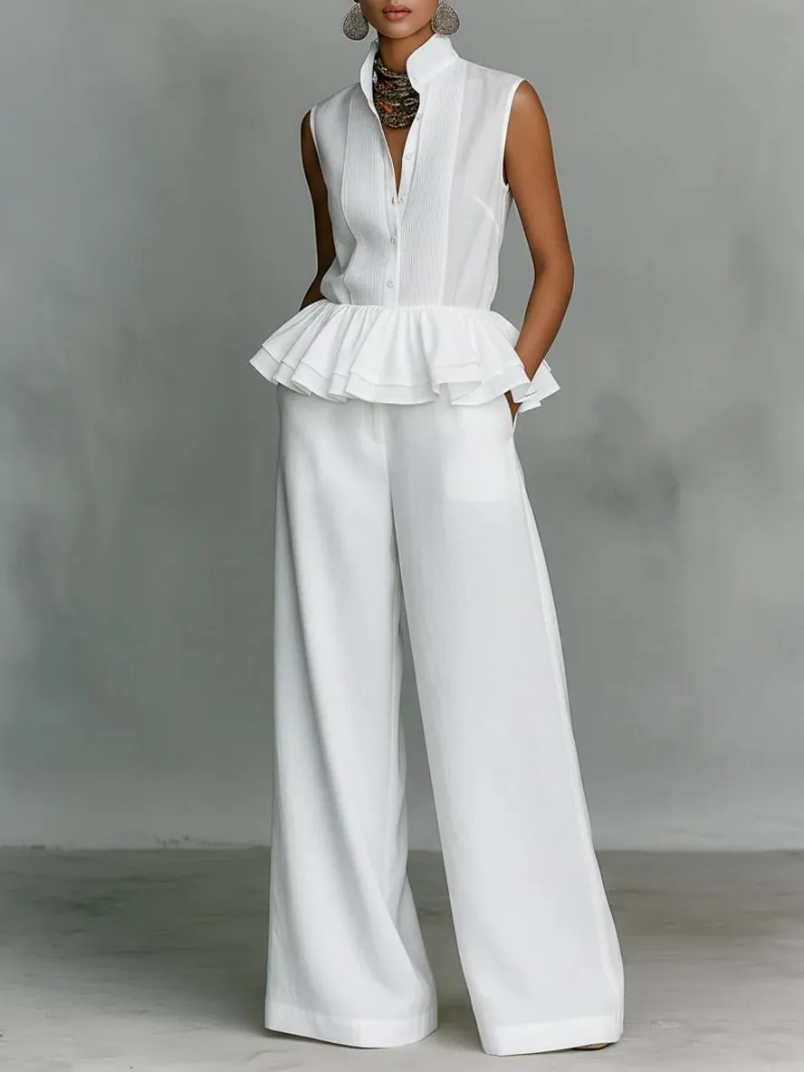 New Arrivals🔥 Women's Office Style Stand Collar Ruffle Sleeveless Top & Wide-leg Pants Set