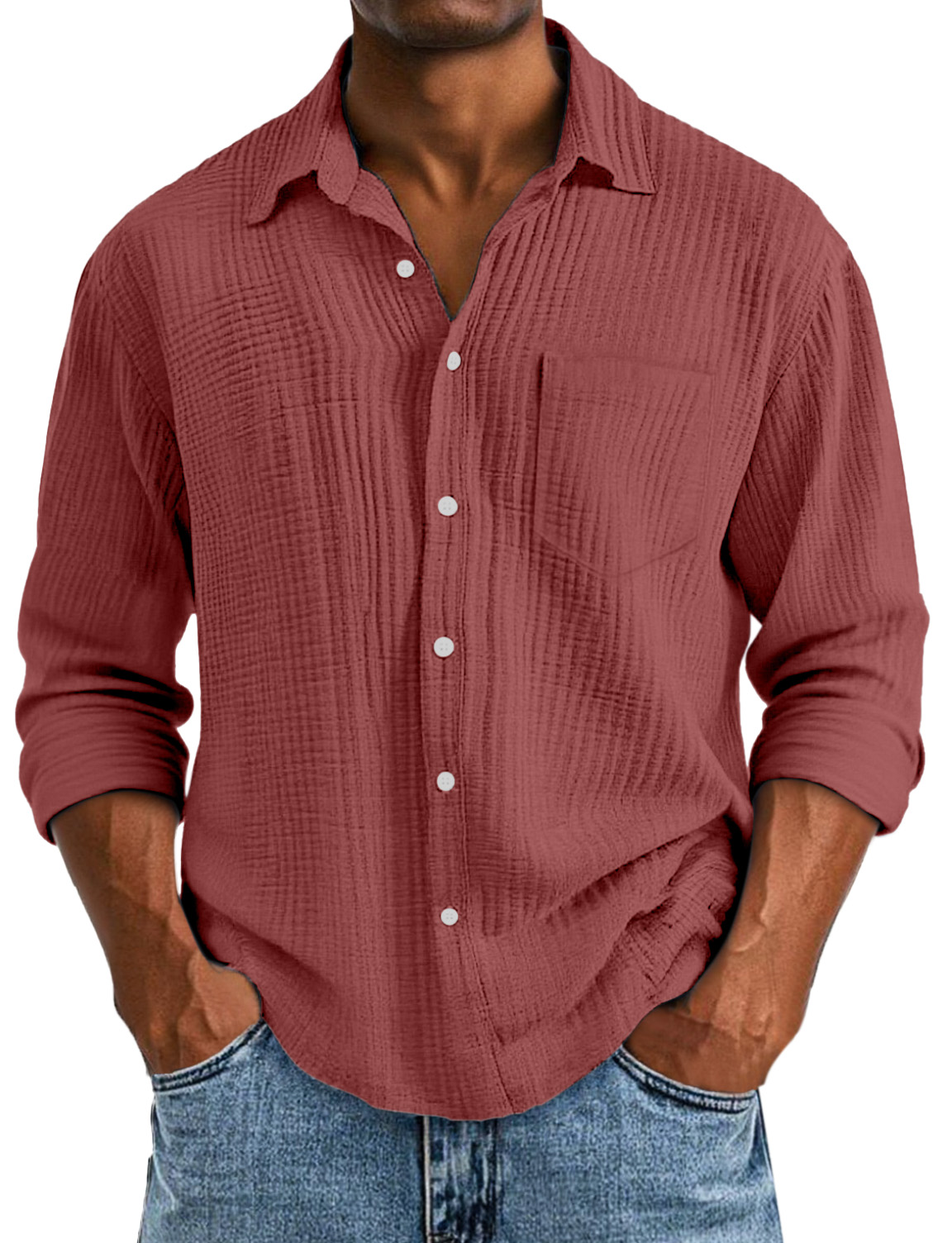 Men's Casual Solid Color Breathable Cotton Pleated Comfortable Lapel Long-sleeved Shirt