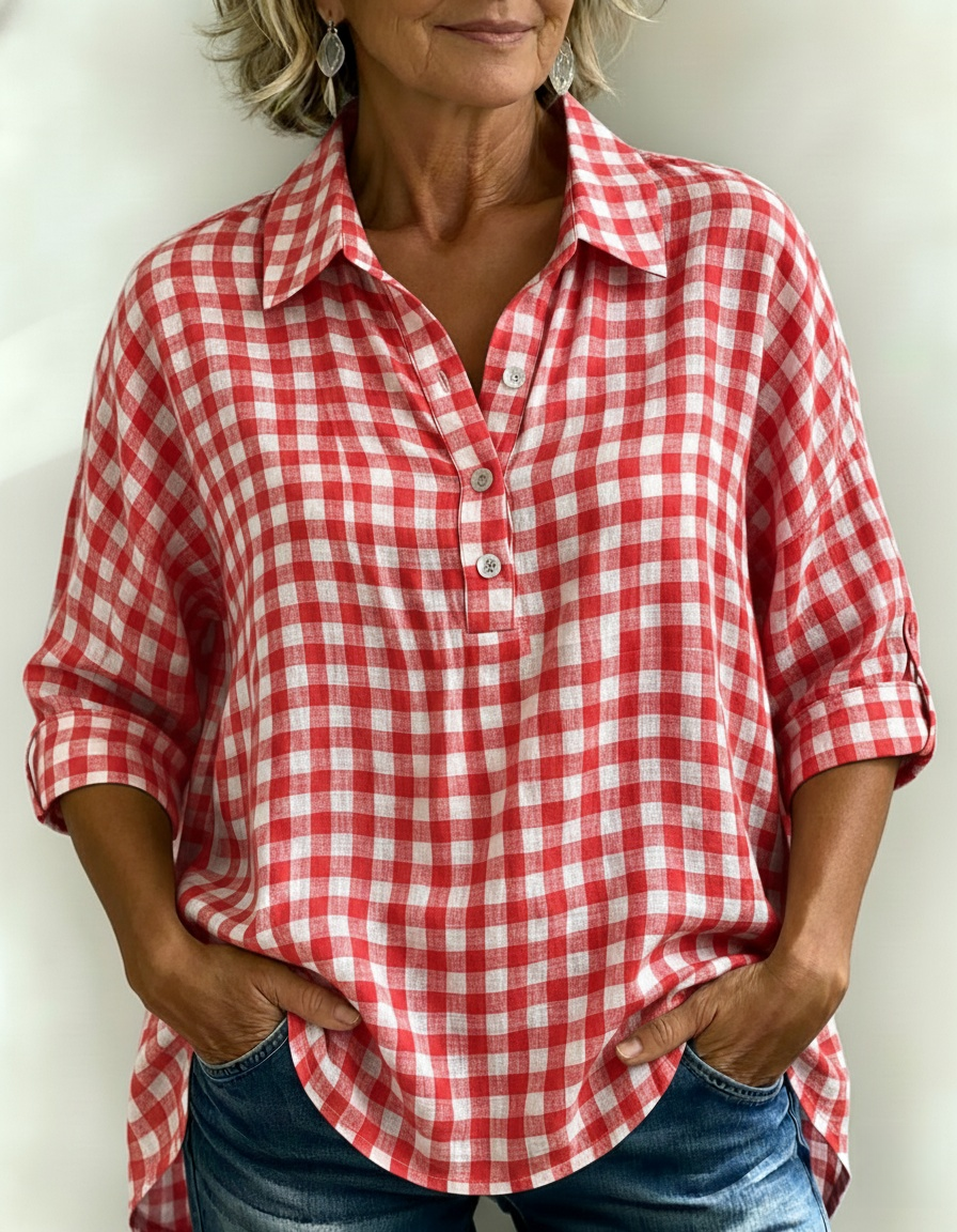 New Arrivals🔥Women's Gingham Henley Linen Look Shirt
