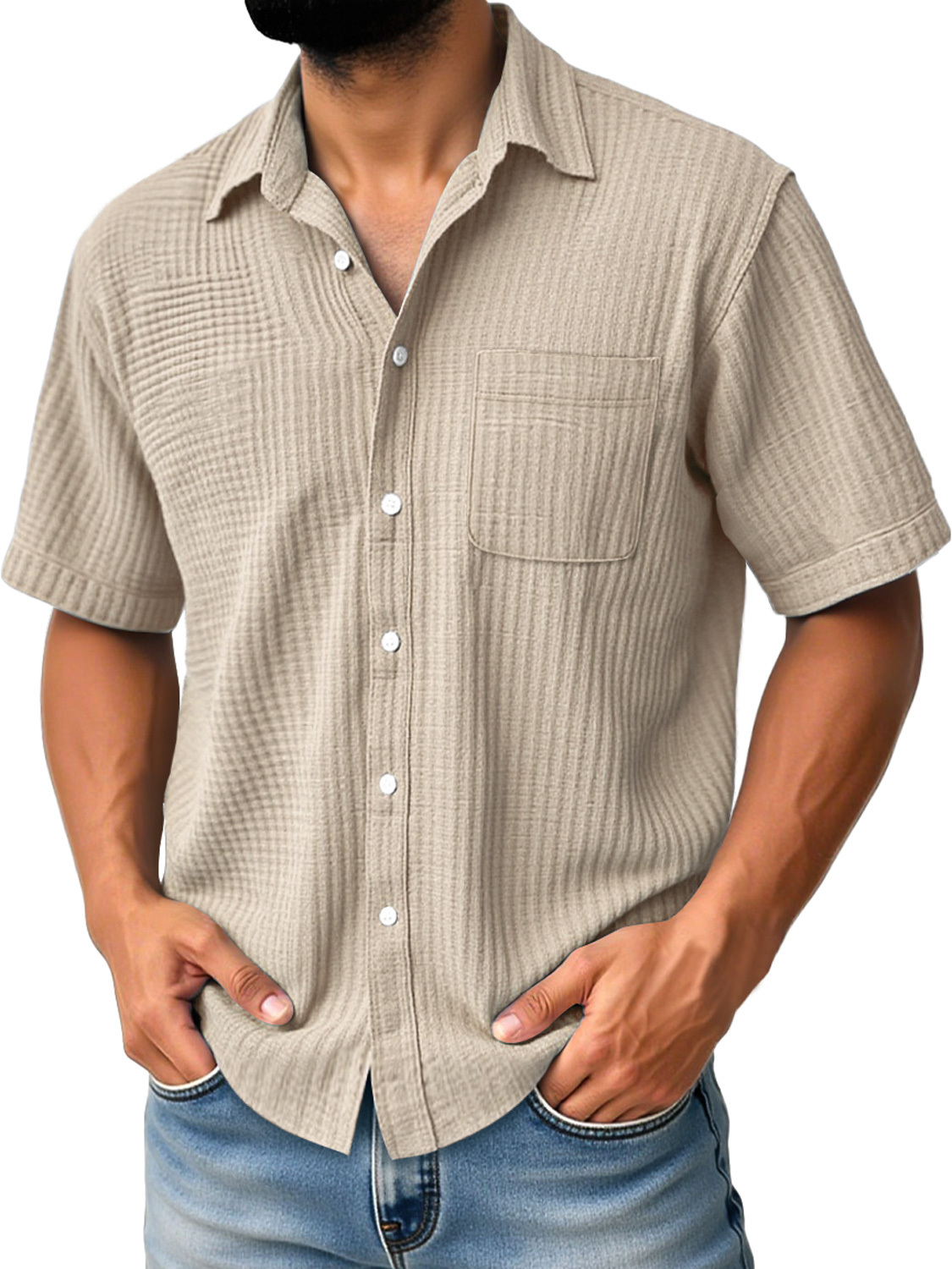 Men's Daily Casual Pleated Pocket Comfortable Solid Color Short Sleeve Shirt