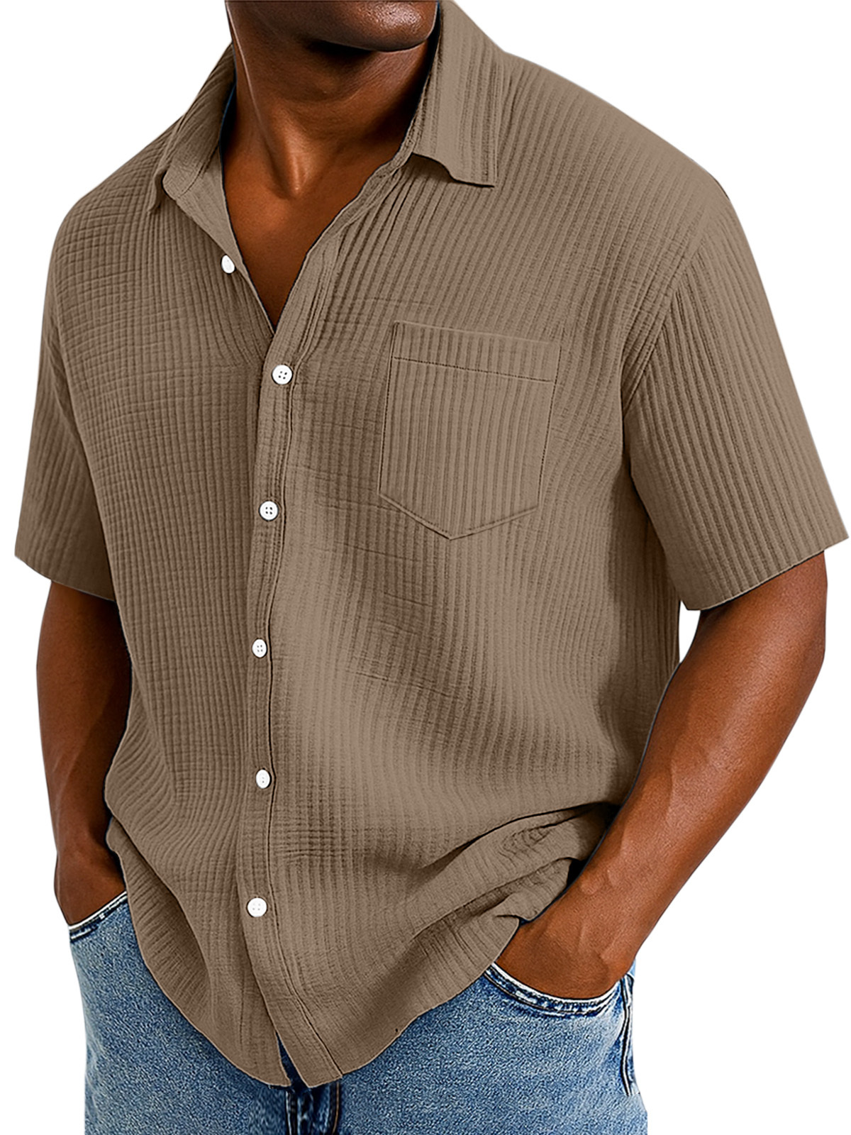 Men's Casual Cotton Breathable Pleated Pocket Short Sleeve Lapel Shirt