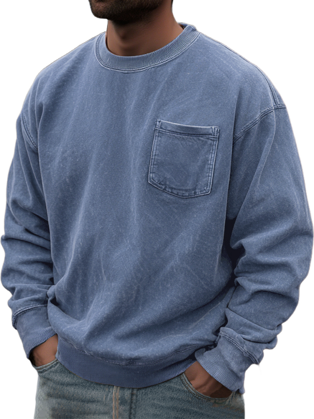 Men's Washed And Distressed Retro Casual Round Neck Pocket Basic Sweatshirt