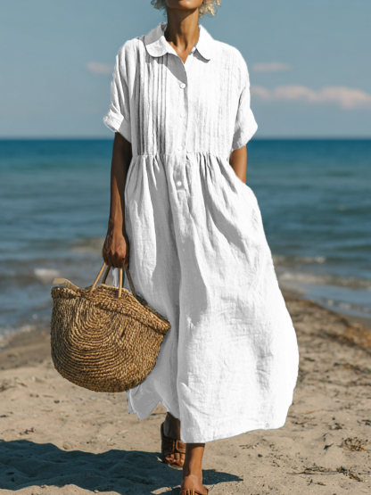 Women's Casual Cotton and Linen Peter Pan Collar Short Sleeve Dress