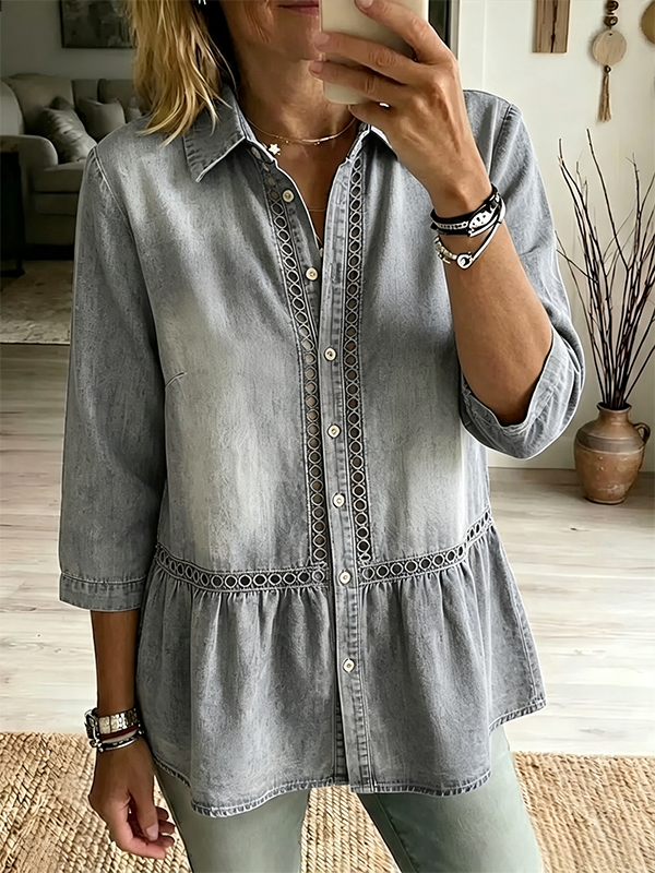 CLEARANCE SALE🔥Women's Casual Denim Shirt With Spliced cut-out Lace Detailing
