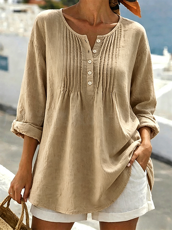 New Arrivals🔥Women's Solid Color Round Neck Long-sleeved Casual Loose Pleated Cotton And Linen Top
