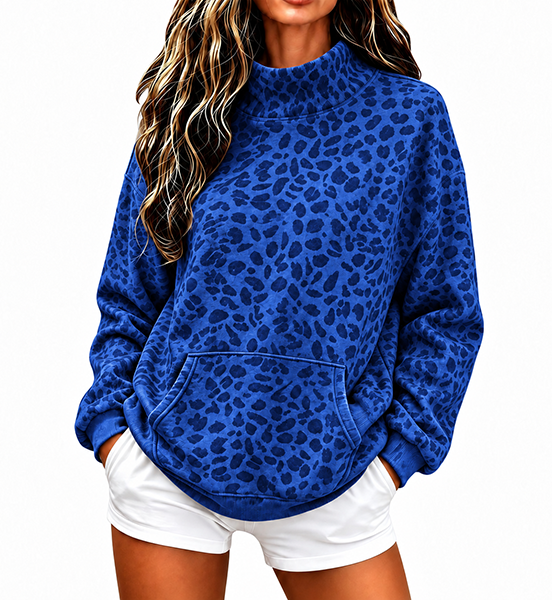 CLEARANCE SALE💥Women’s Leopard Print Mock Neck Relaxed Fit Pullover Sweatshirt with Kangaroo Pocket