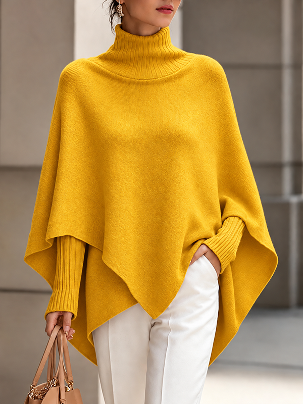 CLEARANCE SALE🔥Women's Solid-Color High-Neck Long-Sleeve Loose-Fit Cape-Style Knit Top