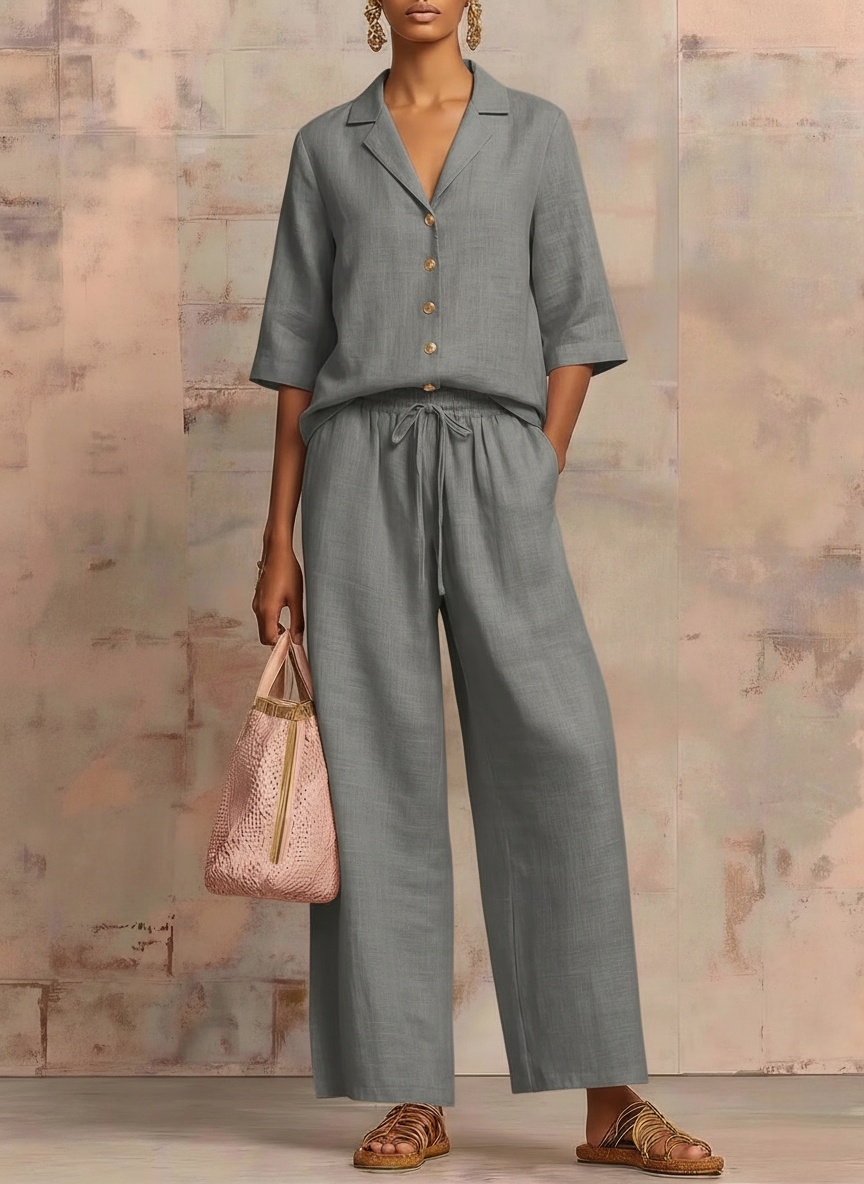 New Arrivals🔥Vintage Cuban Collar Metal Button Linen Cotton Two-piece Set