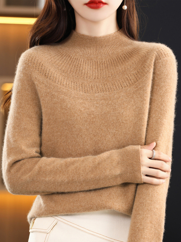 Office Raglan Sleeve Hollow Solid Color High-Neck Sweater Tops
