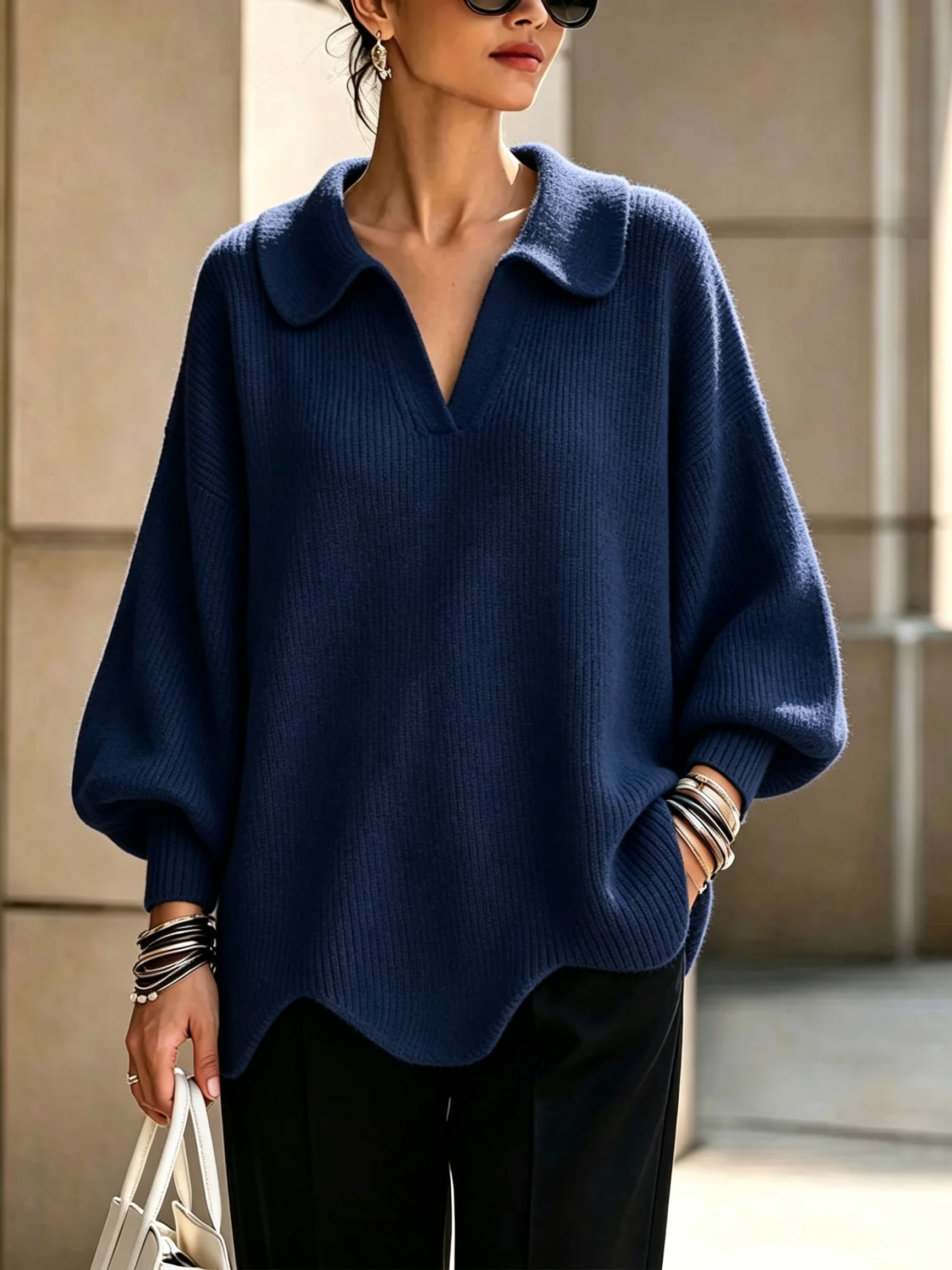 CLEARANCE SALE🔥Women's Solid Color Collared Long-sleeved Casual Loose Pullover Knit Sweater