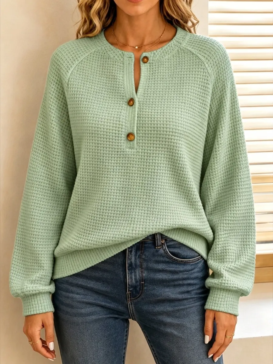 New Arrival🔥 Women's Casual Waffle Knit Henley Long Sleeve Sweater