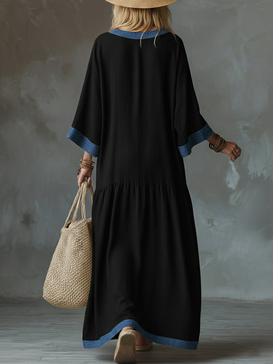 Loose And Cozy Patchwork Denim Dress With Contrasting Trim.