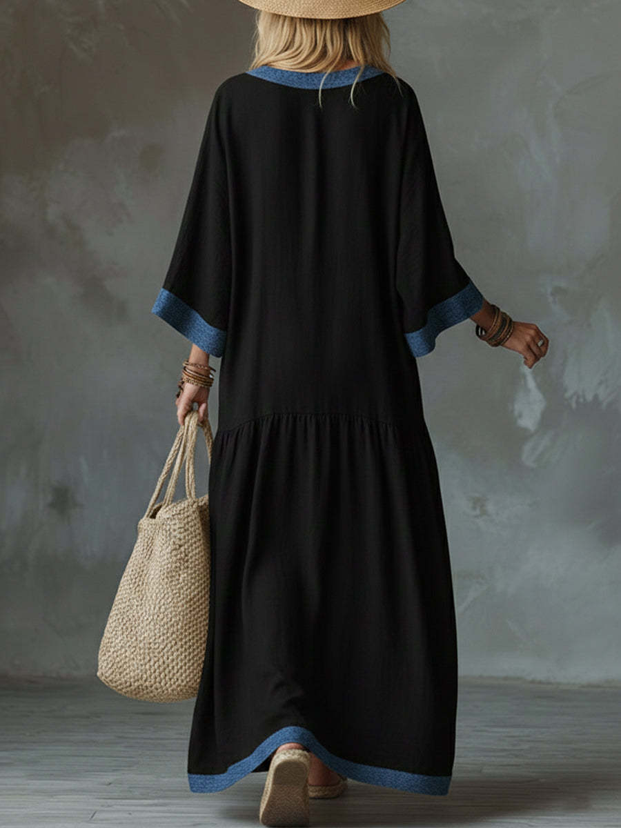 Loose And Cozy Patchwork Denim Dress With Contrasting Trim.