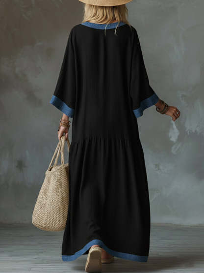 Loose And Cozy Patchwork Denim Dress With Contrasting Trim.