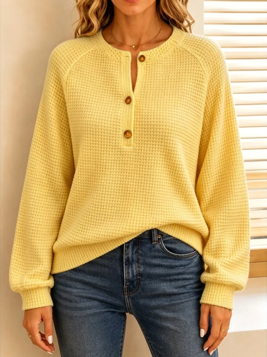 New Arrival🔥 Women's Casual Waffle Knit Henley Long Sleeve Sweater