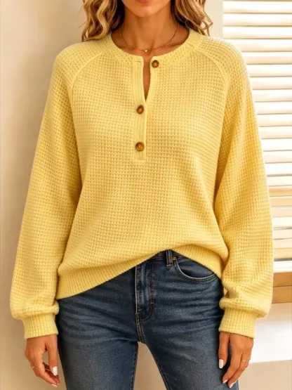 New Arrival🔥 Women's Casual Waffle Knit Henley Long Sleeve Sweater