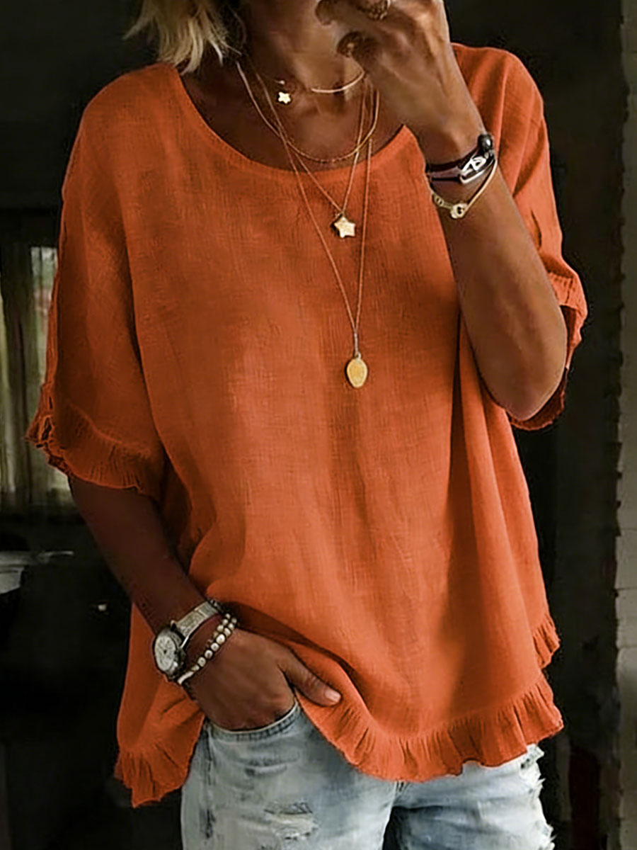 Women's Short-sleeved Round Neck Cotton Linen Solid Color Loose Shirt