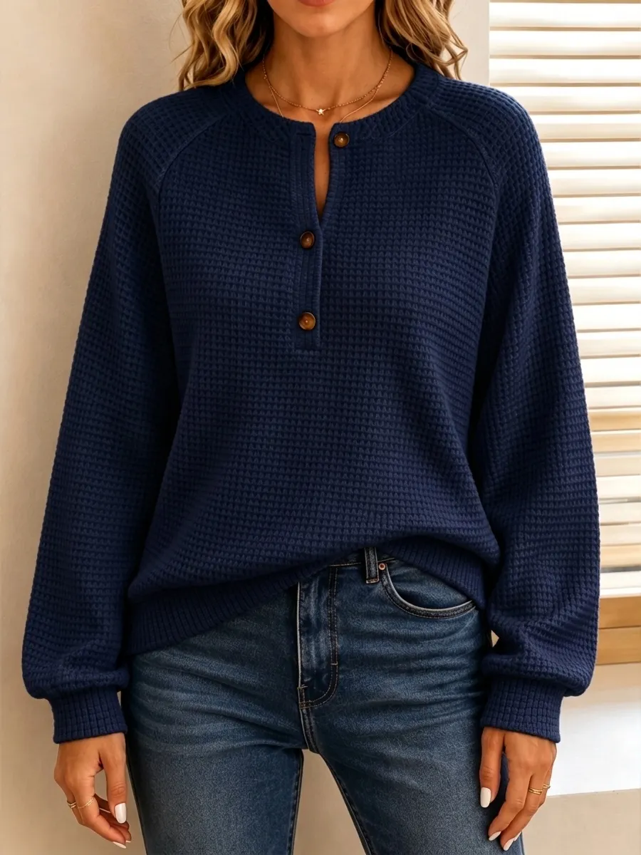 New Arrival🔥 Women's Casual Waffle Knit Henley Long Sleeve Sweater