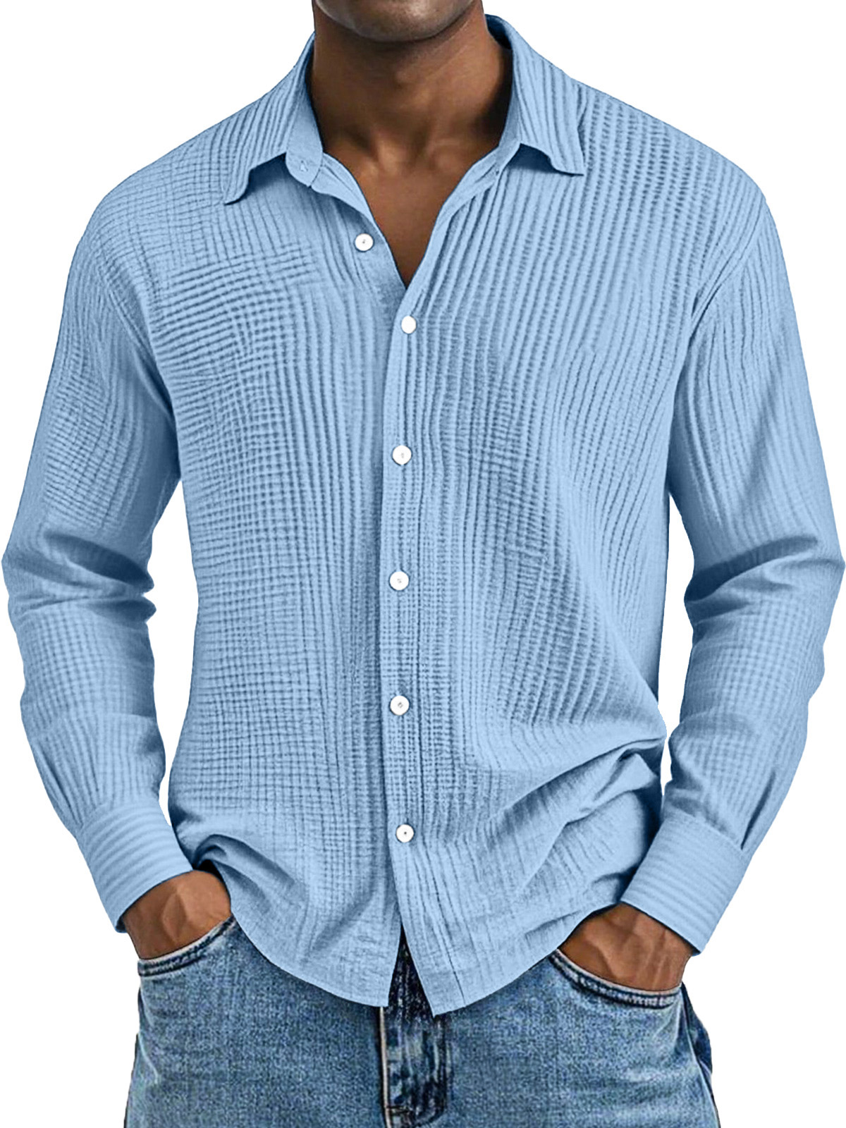 Men's Daily Casual Solid Color Pure Cotton Pleated Texture Long-sleeved Shirt