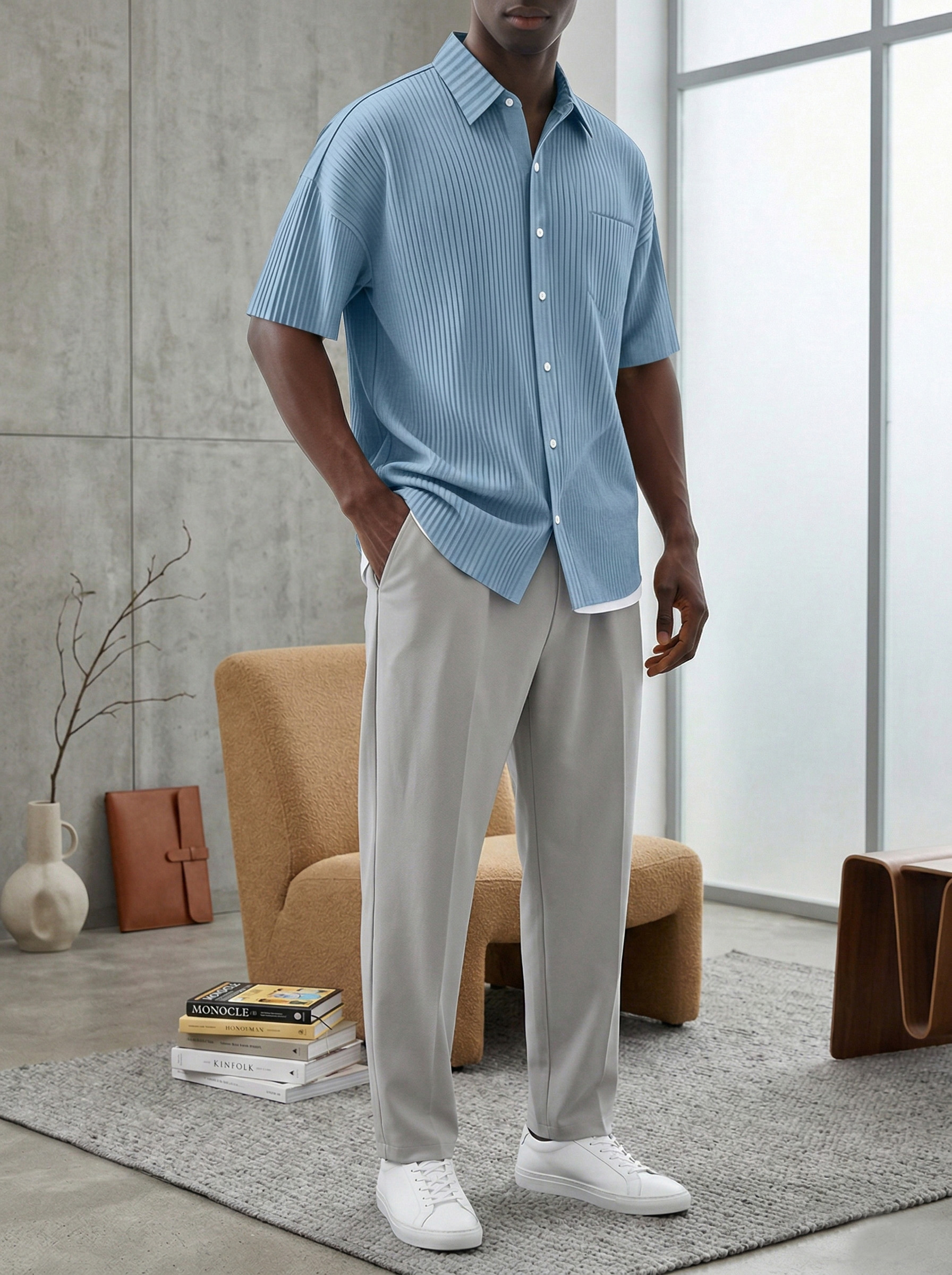 Men's Daily Simple Vertical Pit Lapel Button Short Sleeve Shirt