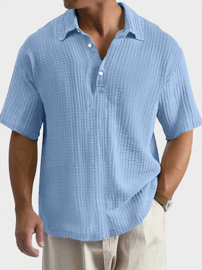 Men's Casual, Comfortable, Breathable Pleated Texture Button Short-sleeved Polo Shirt