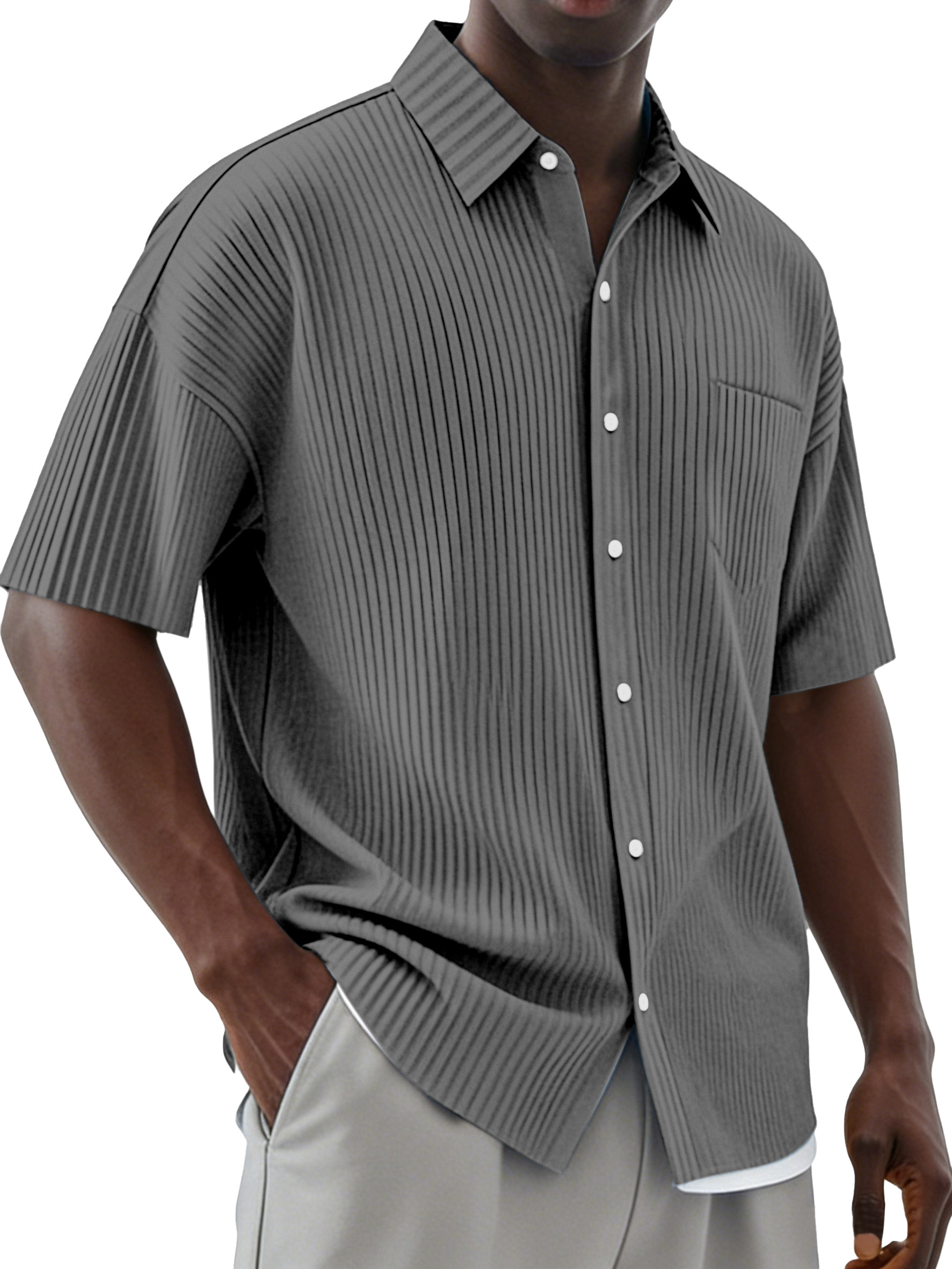 Men's Daily Simple Vertical Pit Lapel Button Short Sleeve Shirt