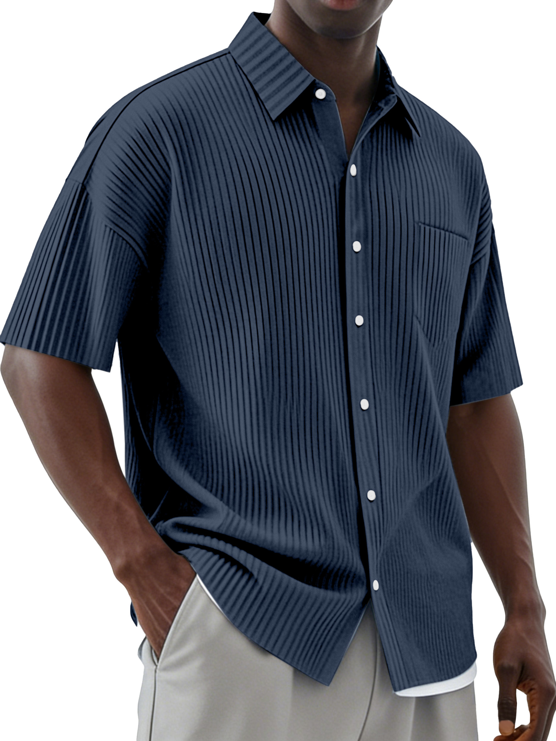Men's Daily Simple Vertical Pit Lapel Button Short Sleeve Shirt