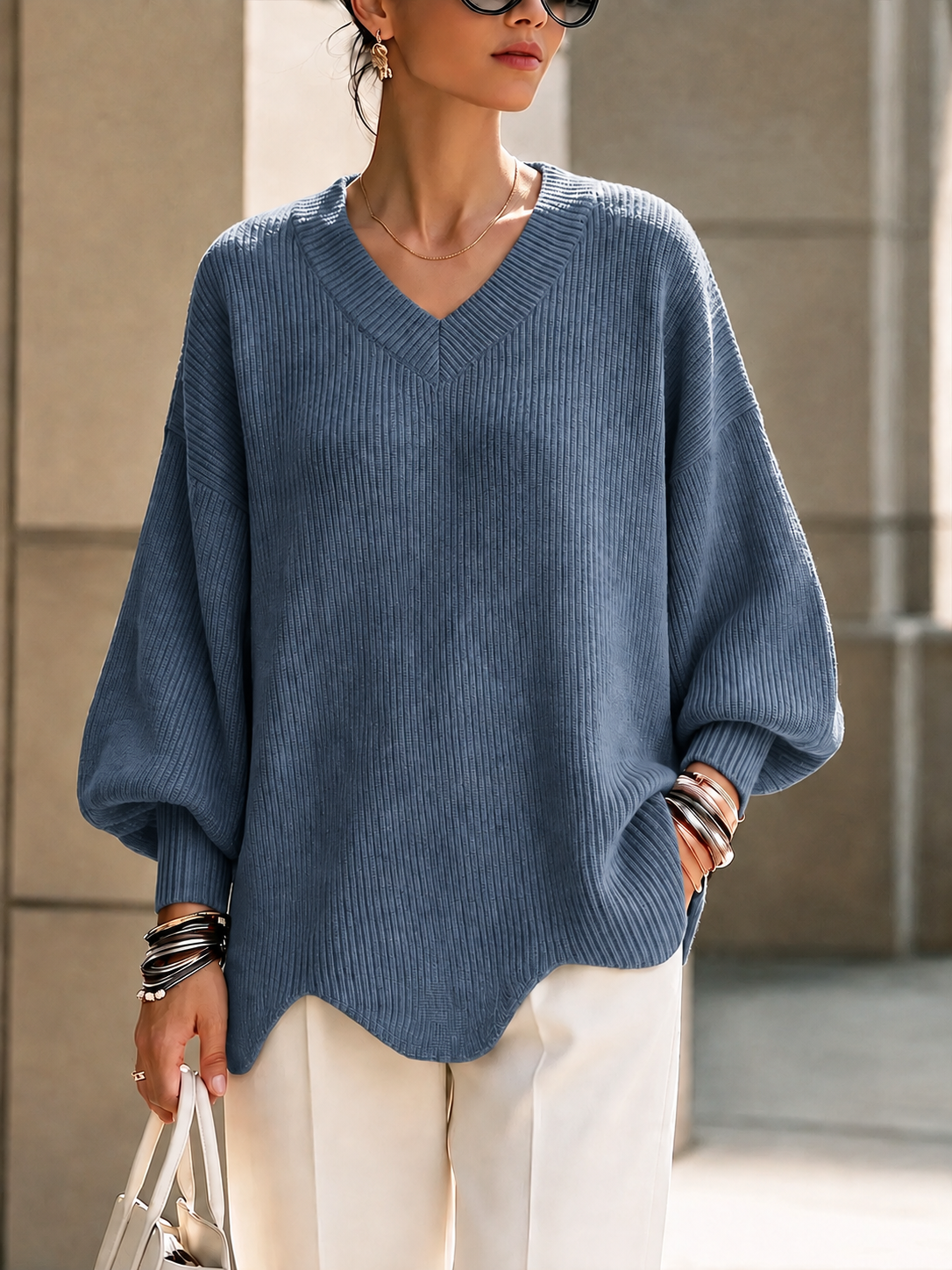 CLEARANCE SALE🔥Women's Solid Color V-neck Long-sleeved Casual Loose Pullover Knit Sweater