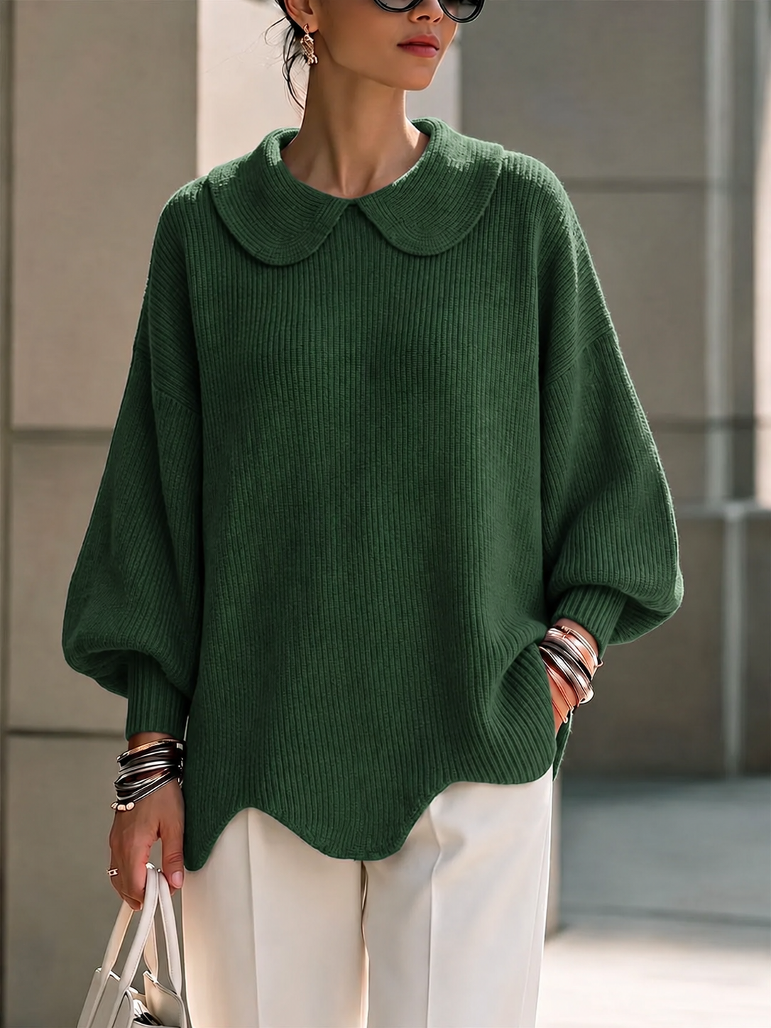 CLEARANCE SALE🔥Women's Solid Color Peter Pan Collar Long Sleeve Casual Loose Pullover Knit Sweater