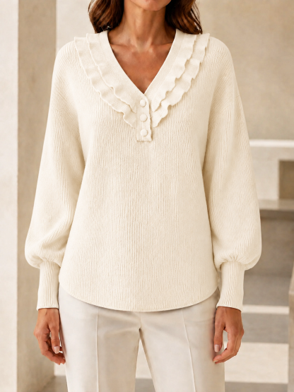  New Arrivals🔥Women’s Ruffle V-Neck Button-Detail Knit Sweater with Balloon Sleeves