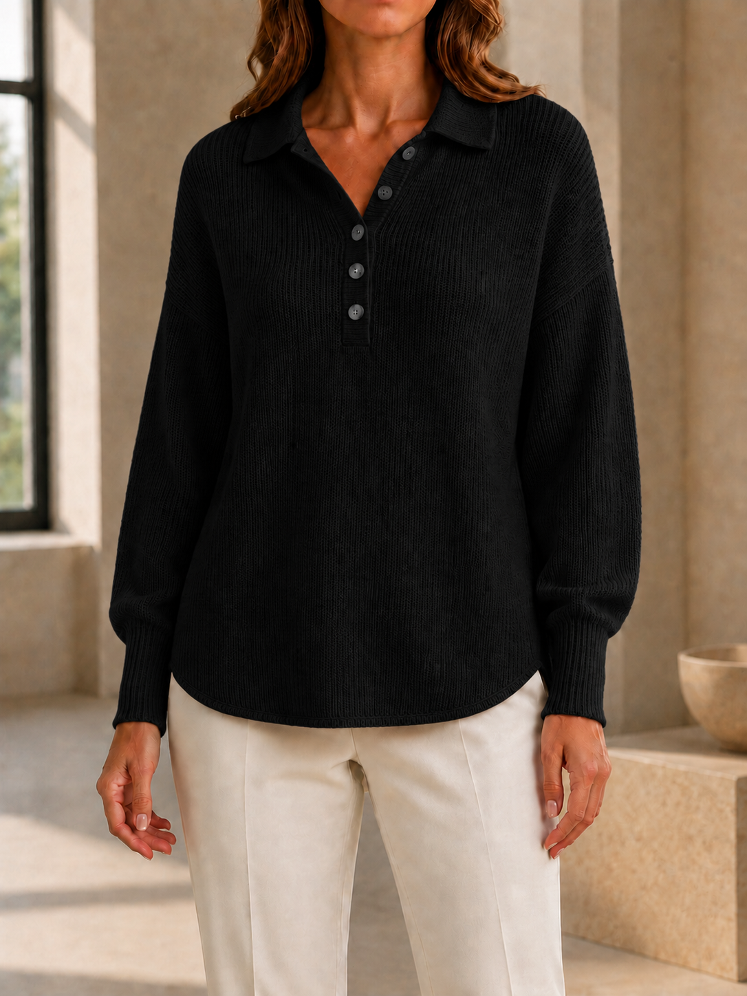 New Arrivals🔥Women’s Casual Polo Collar Button-Detail Knit Sweater with Relaxed Fit