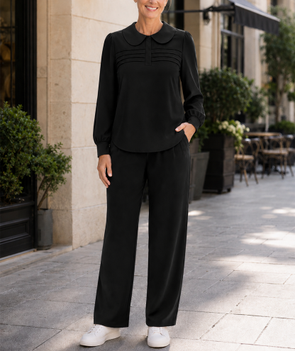 CLEARANCE SALE🔥Women’s Elegant Peter Pan Collar Pleated Detail Two-Piece Pants Set
