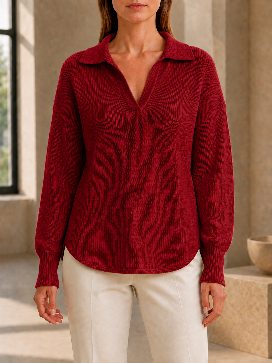 New Arrivals🔥Women’s Relaxed Polo Collar V-Neck Long Sleeve Knit Sweater