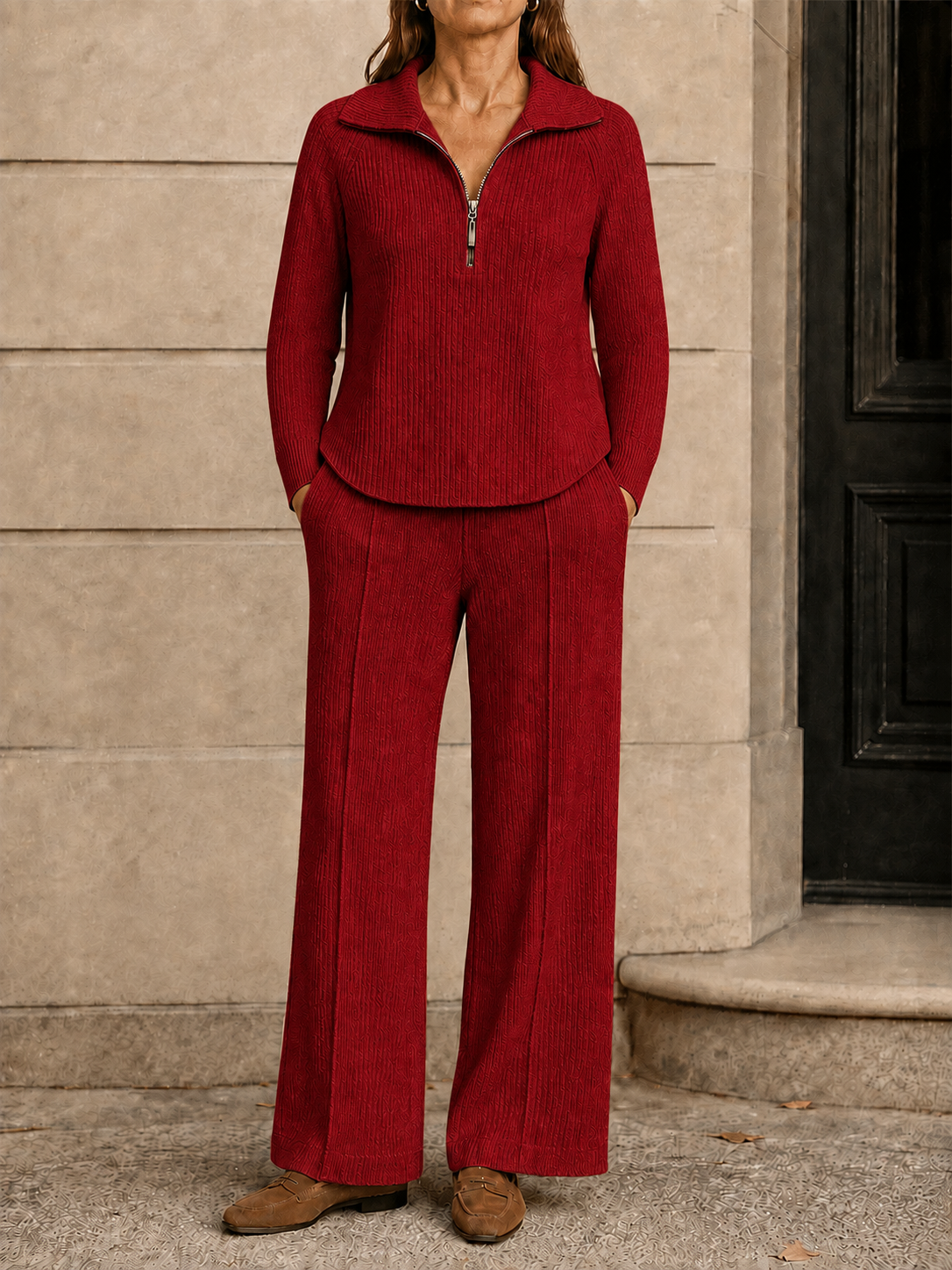 New Arrival 🔥Women’s Quarter-Zip Textured Knit Sweater and Straight-Leg Pants Two-Piece Set