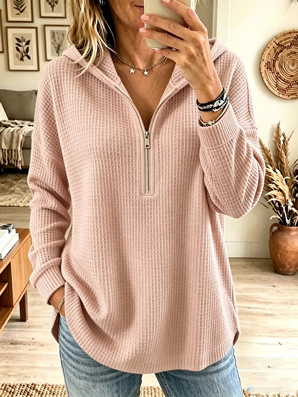 CLEARANCE SALE🔥Women's Half-Zip Waffle Knit Hooded Pullover