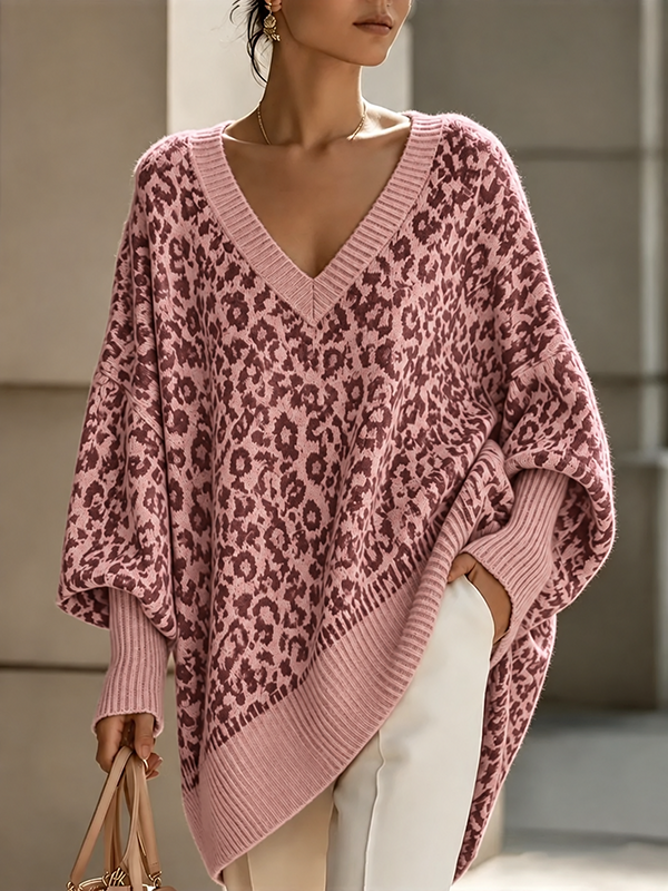 New Arrival🔥Women’s Leopard Print V Neck Oversized Knit Poncho Sweater