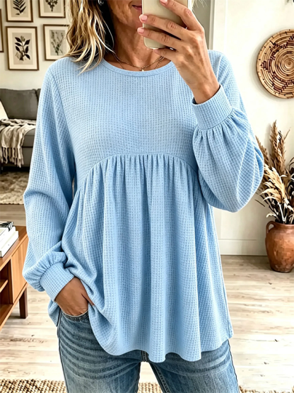 CLEARANCE SALE💥Women’s Waffle Knit Empire Waist Long Sleeve Babydoll Pullover Top