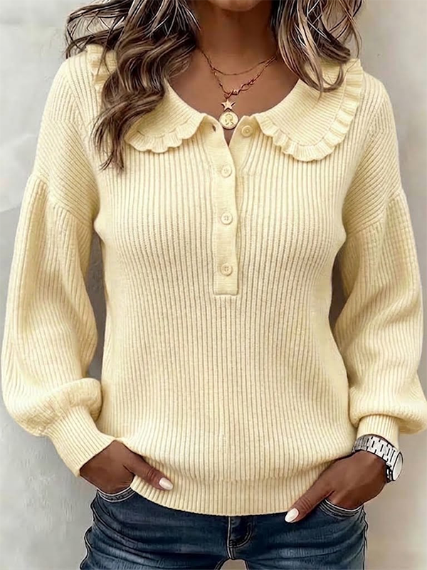 CLEARANCE SALE💥Ruffled Ribbed Knit Sweater With Partial Button Placket