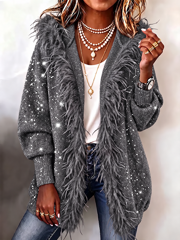 Women’s Sequin Feather-Trim Open-Front Party Cardigan Jacket