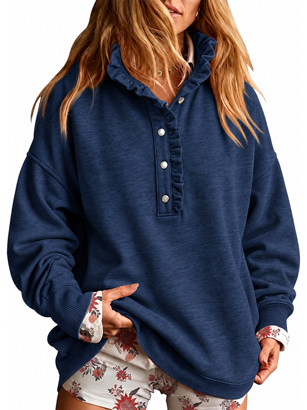 Women’s Ruffle Collar Henley Button Relaxed Fit Sweatshirt
