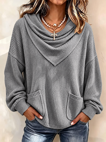 CLEARANCE SALE🔥Women’s Draped Cowl Neck Ribbed Knit Pullover Sweater with Pockets