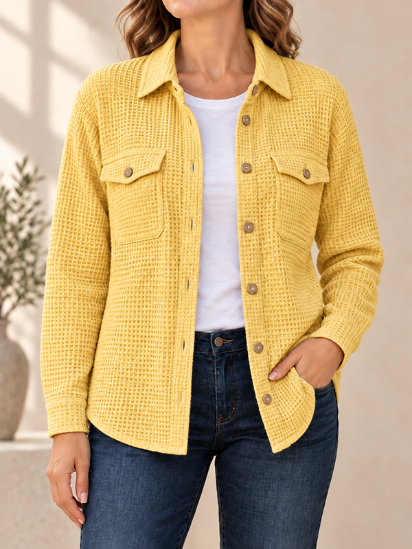 CLEARANCE SALE🔥Women’s Textured Waffle Knit Button Front Collared Shacket with Flap Pockets
