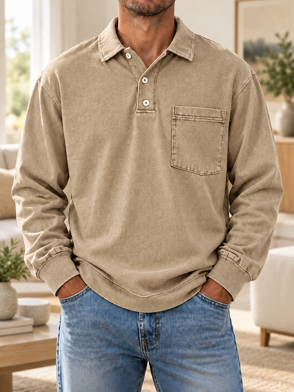 Men’s Vintage Washed Polo Collar Long Sleeve Pullover Shirt with Chest Pocket